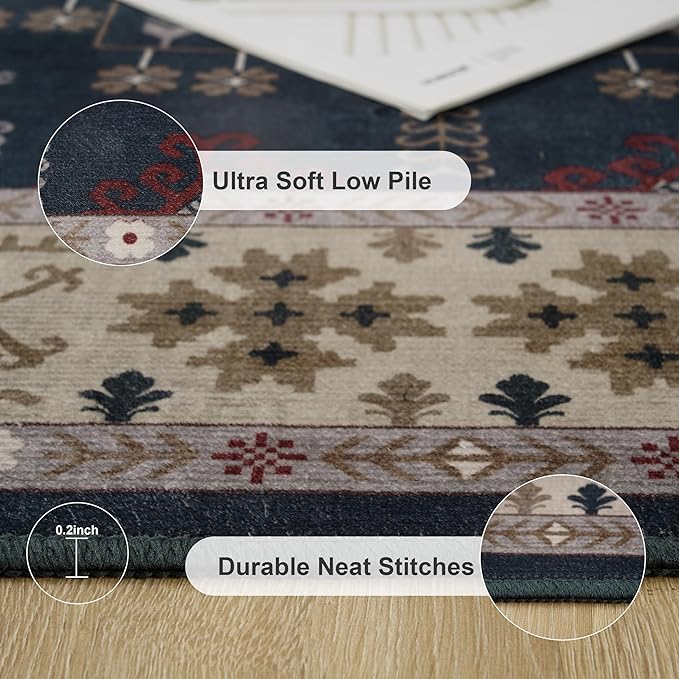 6x9 Washable Blue Area Rug for Living Room Bedroom, Boho Dining Room Rugs for Under Table, Large Low Pile Non-Slip Vintage Print Carpets for Farmhouse, Office, Dorm