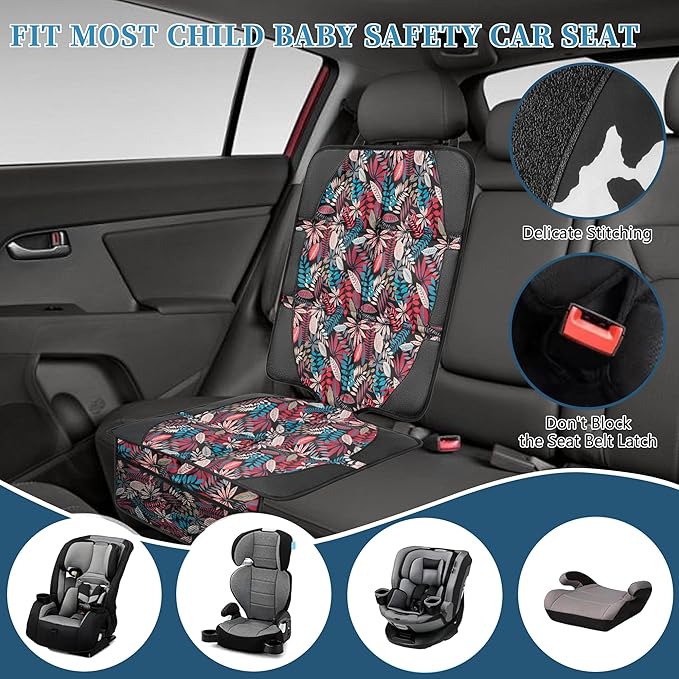 Car Seat Protector for Child Car Seat, 2 Pack Baby Car Seat Covers with Mesh Pockets & Non-Slip Backing 600D Durable Seat Protector Under Baby Car Seat for Car Back Seat (Red Leaves, Large)