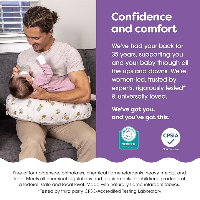 Boppy Nursing Pillow - Ergonomic Bottle & Breastfeeding Pillow with High, Firm, Large Area, Water-Repellent Cushion with Washable Cover; Baby Safety Alliance Verified - Tan Happy Houseplants