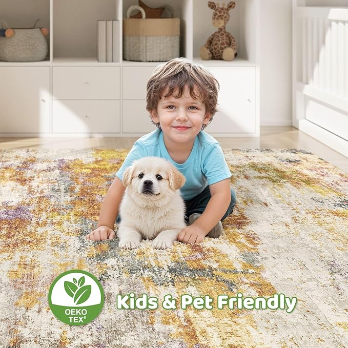 10X12 Area Rugs Living Room: Washable Large Abstract Modern Soft Stain Resistant Indoor Floor Rugs Non Slip Accent Carpet for Bedroom Nursery Playroom Office Dining Room Dorm Home House- Gold Colorful