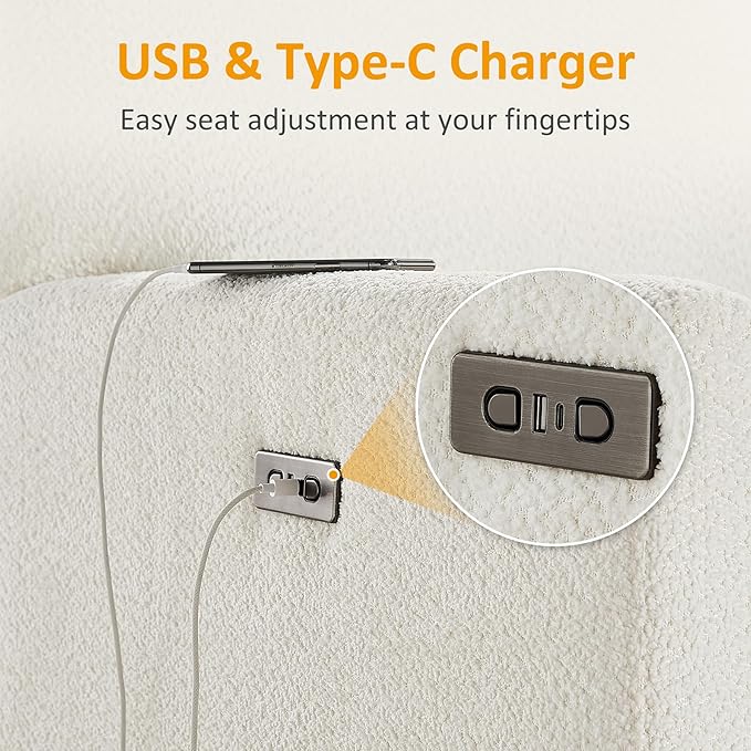 Power Swivel Glider Recliner Chair, Electric Nursery Rocker Recliner Chair, USB & Type-C Charger, Boucle White