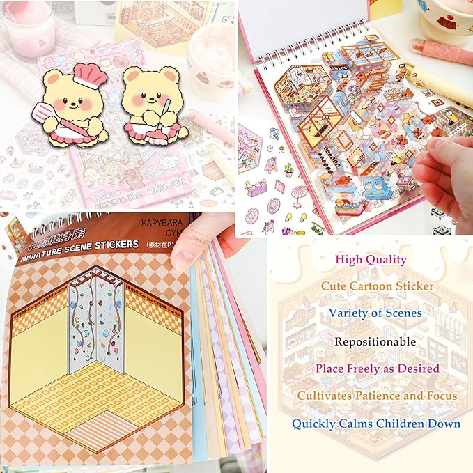Scene Sticker Book for Kids,20 Sets of 3D Sticker Scenes for Adults Fun Mini Cute Kawaii Stickers Therapy 3D Scenes 3D House Stickers Set Relief Stress Pass The Time