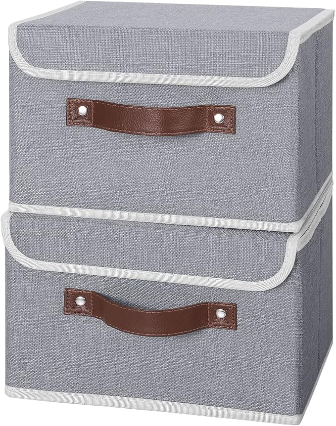 ANMINY 4PCS Storage Bins with Lid PU Leather Handles Storage Boxes PP Plastic Board Decorative Foldable Lidded Cotton Linen Fabric Home Cubes Baskets Closet Organizer Containers - Gray, Small Size