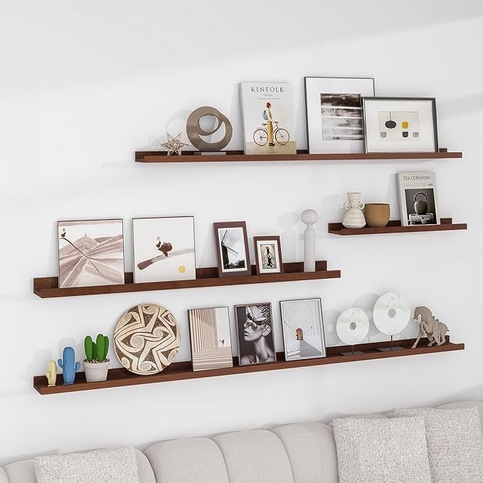 Solid Ash Wood Picture Ledge Shelf, 36 Inch Floating Shelves with Lip Set of 2, Photo Ledge Shelf Nursery Bookshelf Wall Mounted for Living Room Bedroom Decor, Walnut