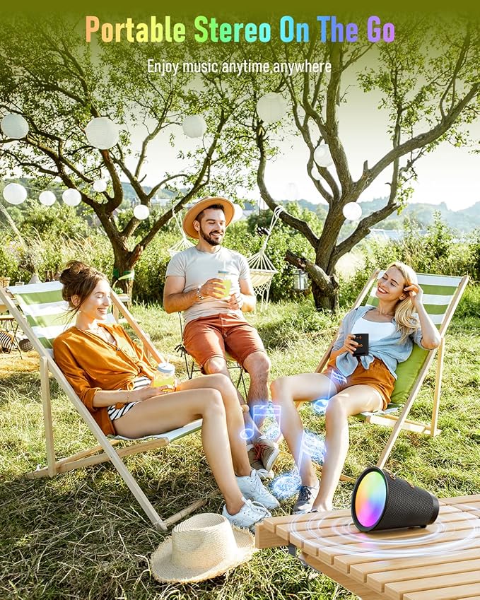 Portable Bluetooth Speaker Wireless with 9 Color Lights, 20H Playtime, Stereo Pairing, Deep Bass, IPX6 Waterproof, Bluetooth 5.3, Small Speaker for Home, Party, Outdoor, Camping, Beach, Gift