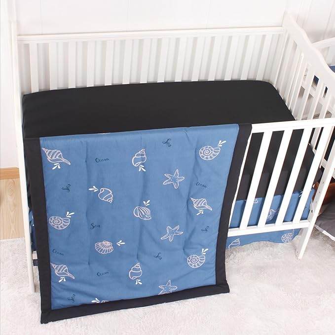 CaSaJa Baby 3-Piece Crib Bedding Set for Boys Girls, Including Soft Quilted Comforter(Blanket), Fitted Crib Sheet and Skirt, Soft Nursery Bedding Set Made of Silky Comfy Materials, Sea Conch