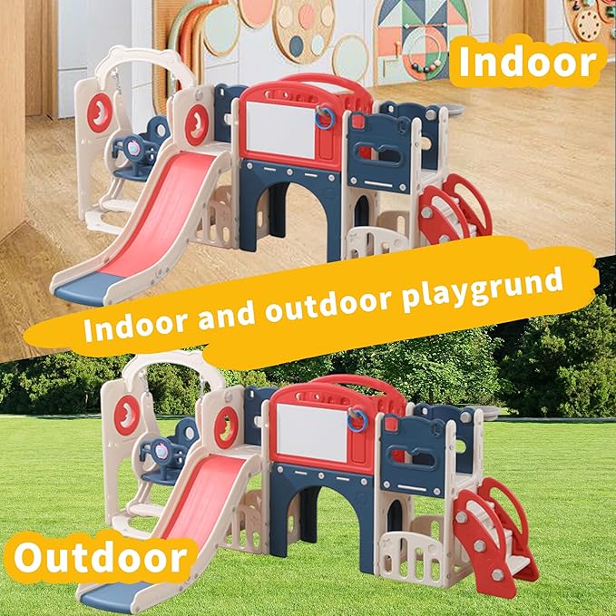 12 in 1 Toddler Outdoor Playset with Swing, Indoor Swing and Slide Set Playground for Toddlers 1-3, Durable Climber Basketball Hoop Ball Toddler Indoor Playset for Home Playground - Red Blue