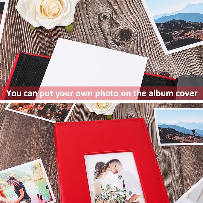 RECUTMS Photo Album 4x6 300 Photos Black Black Page PU Leather Pockets Pictures Albums Birthday Wedding (Red)