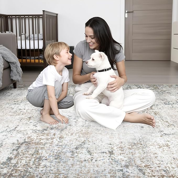 6x9 Area Rug Living Room Rug: Washable Modern Abstract Soft Thin Rug Indoor Floor No Slip Stain Resistant Carpet for Bedroom Dining Room Farmhouse Nursery Home Office - Brown Grey