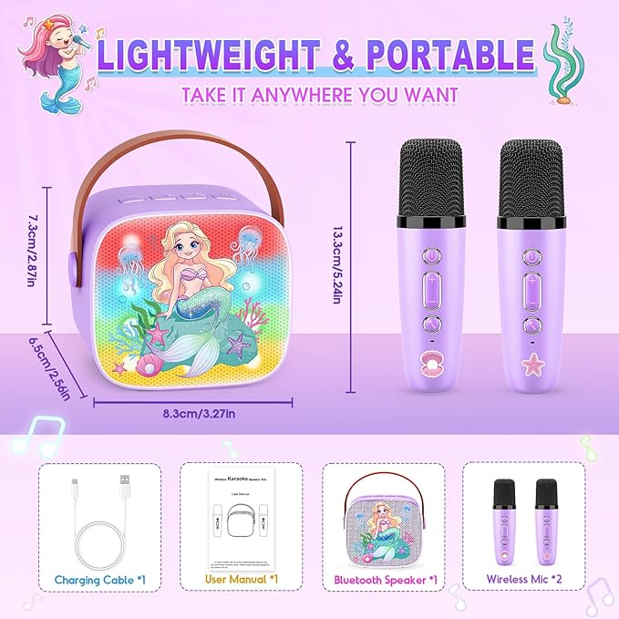 Mermaid Mini Karaoke Machine Toys: Kids Toys Girls Birthday Gifts Age 3-12+ LED Portable Bluetooth Speaker with 2 Wireless Microphone Gift Toy for 4 5 6 7 8 9 Years Old Girl Boy Kid Adult