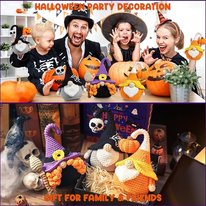 MAGIMUSE Crochet Kit for Beginners Crochet Starter Kits for Halloween Amigurumi Knitting Crochet Animals Kits Hooks Yarn Set with Step-by-Step Video Tutorials, 3 Halloween Gnomes (40%+ Yarn)