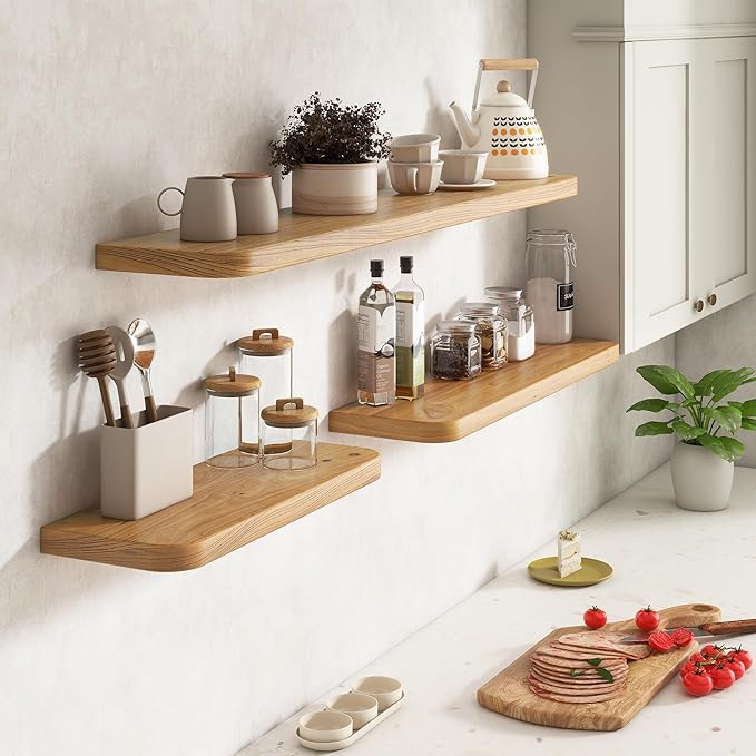 Rustic Elm Wood Floating Shelves for Wall, Round Edge 24"W x 9.2"D x 1.37"H, Set of 2 with Invisible Bracket, Wall Mounted Storage Shelves for Living Room Bedroom Kitchen Bathroom Decor, Natural