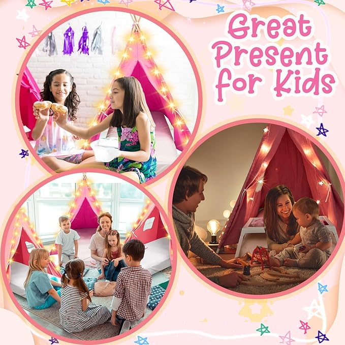 6 Pack Sleepovers Teepee Tent for Kids Bulk with Mattress Sheet Light,Natural Cotton Washable Indoor Play Tent for Birthday Slumber Party Girls Boys Pajama Movie Night Supplies(Pink, Rose Red)