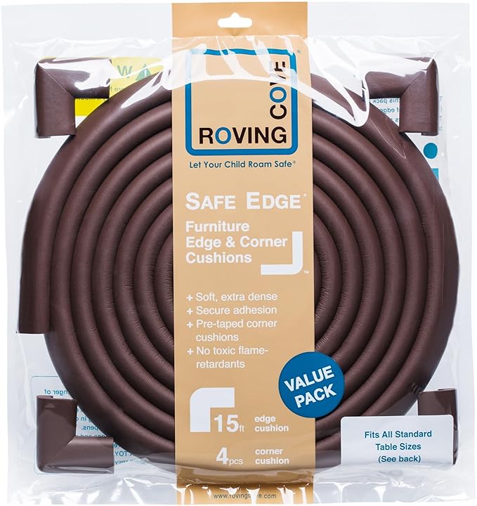 Roving Cove HeftyFit Edge Corner Protector Baby Proofing (Large 15ft Edge 4 Corners), Heavy-Duty, Soft NBR Rubber Foam, Furniture Fireplace Safety Bumper Guard, 3M Adhesive, Coffee Brown