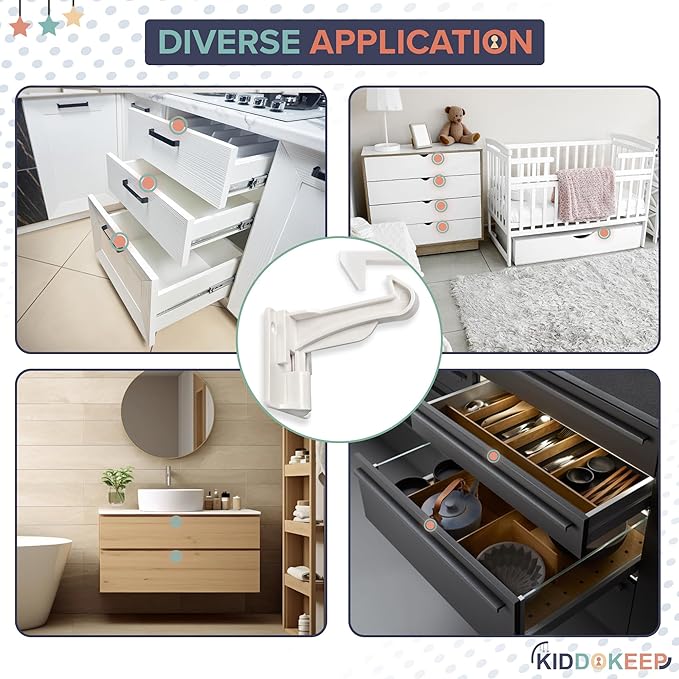 Upgraded Baby Proofing Cabinet Latches for Toddlers - 10 Pcs White Child Proof Cabinet Locks for Child Safety, Easy Set Up Child Locks for Cabinets and Drawers Security for Baby Proof Pantry