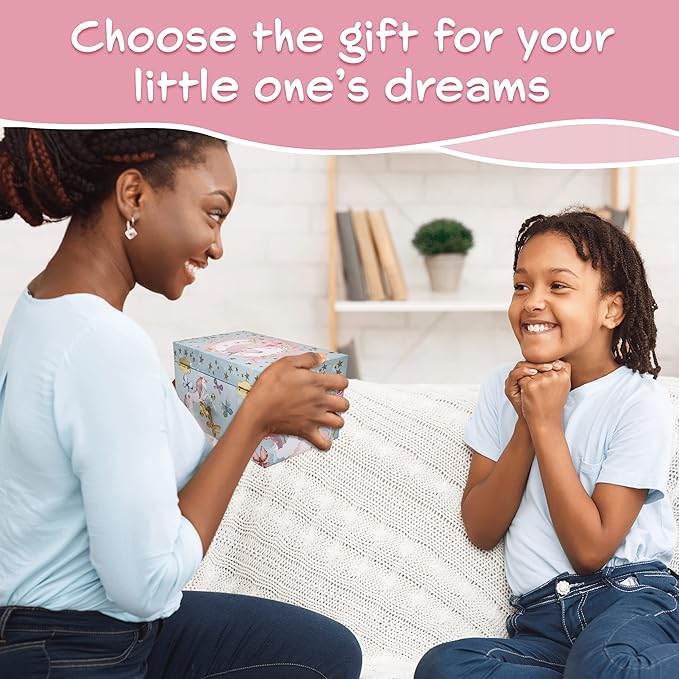 The Memory Building Company Unicorn Musical Jewelry Box, Classic Melody Storage Organizer Kids Ages 6-12, Wood Construction w/ 2 Compartments