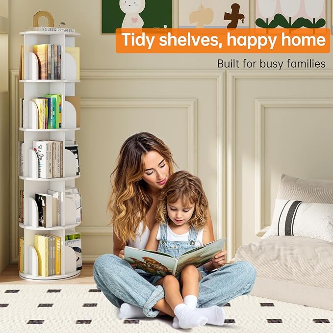 Rotating Bookshelf 5 Tier, 360 Degree Spinning Corner Bookcase with Lazy Susan, White Space Saving Tower Organizer for Small Spaces, Bedroom, Living Room, Adults