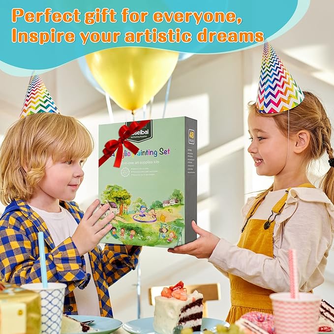 koseibal Acrylic Art Set with 24 Acrylic Paints, 8 DIY Wooden Stencils 5 Canvas Panels 8 Brushes, Table Easel, Etc, Painting Supplies Kit for Kids Students Artists and Beginner.