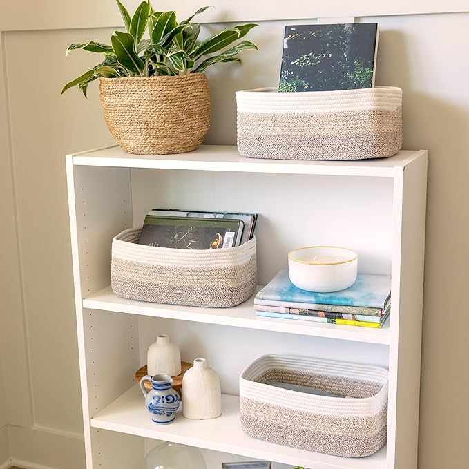 NaturalCozy 13.5”x8.5”x5.5” Storage Baskets for Shelves 3 Pack | Cotton Rope Woven Small Baskets for Organizing | Small Storage Bins for Nursery, Bathroom, Closet, Cube Shelf, Decorative, Gift