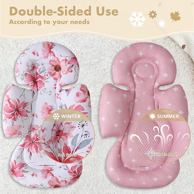 Infant Car Seat Insert, 2-in-1 Head & Body Carseat Support for Baby Newborn Toddler with Strap Covers, Reversible Ultra-Soft Cushion for Baby Carseat, Stroller, Swing & Bouncer