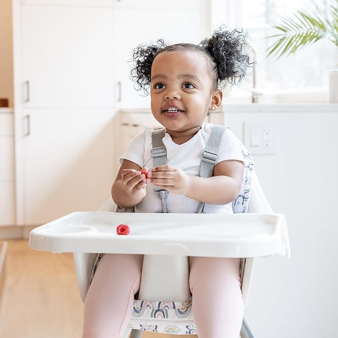 Regalo High Chair with Rainbow Seat Pad for Babies and Toddlers, Award Winning Brand, Removable Oversized Tray with Cup Holder, Five Point Harness, White