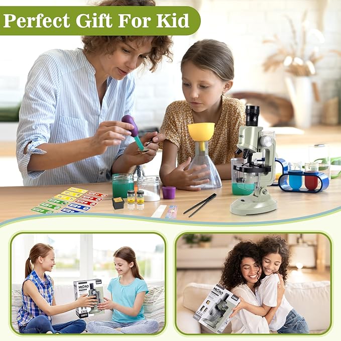 Little World Microscope for Kids, 100x 400x and 1200x Science Kits for Kids Age 5-7 Age 8-12, Microscope Beginner Kit with LED, Learning Resources Toys, Science Experiment STEM Kits, Green