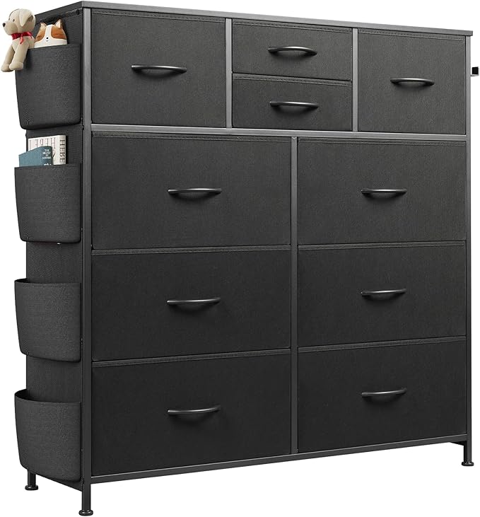 WLIVE Dresser for Bedroom with 10 Drawers, Fabric Dresser Chest of Drawers with Side Pockets and Hooks, Sturdy Metal Frame, Drawers Organizer Unit for Living Room, Hallway, Black