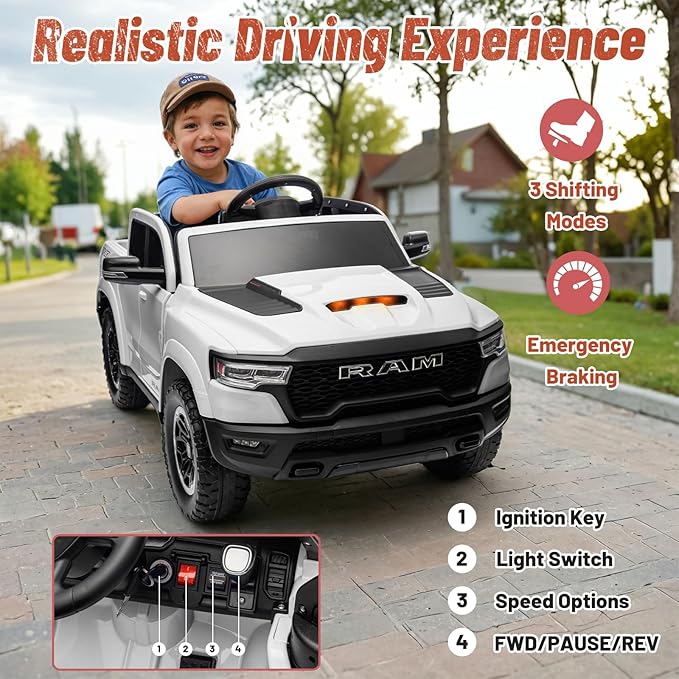 Licensed Ram 1500 Ride on Toys for Kids 4-8, Ride-on Electric Car for Kids with Remote Control, Battery Powered with Car Key/Gear Selector, LED Light/Music/MP3, Back Storage (White)