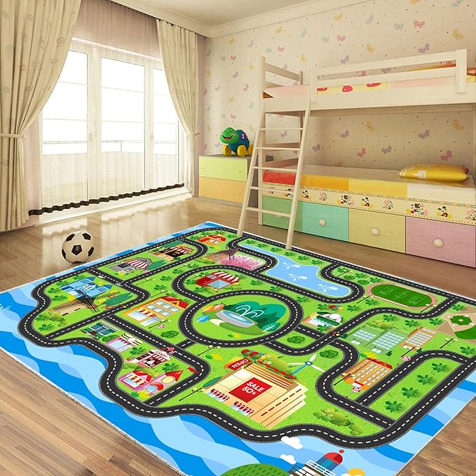 Car Rug,Kids Play Rug with Roads,Playroom Toy Car Rug, Car Track Rug City Map for Bedroom Classroom - (110X78.7 Inches)