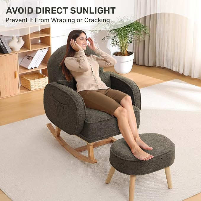 Rocking Chair with Ottoman, Upholstered Nursery Glider Rocker with High Backrest and Side Pocket, Teddy Rocking Accent Armchair with Solid Wood Legs for Nursery, Living Room, Bedroom Green