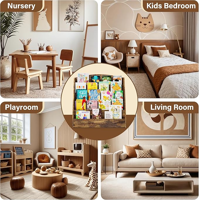 TOETOL 5-Tier Kids Bookshelf - Toddler Book Display Shelves for Classrooms, Playrooms, and Nursery - Wooden Children Book Rack (Rustic Brown)