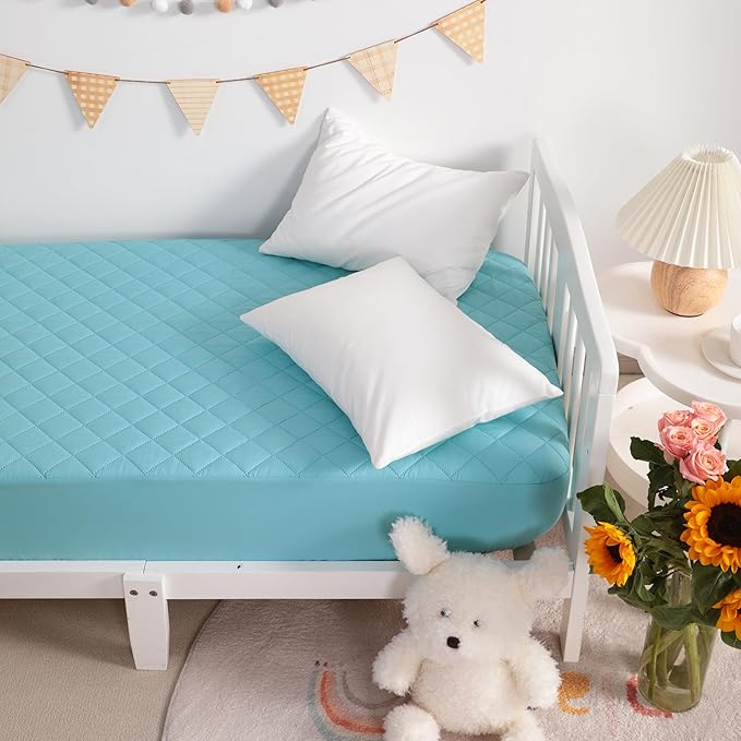 NTBAY 2 Pack Waterproof Mini Crib Mattress Protector, Quilted 24"x38" Fitted Mattress Cover - Machine Washable - Soft and Breathable Baby Mattress Pad Sheet for Mini Crib and Baby Playards, Aqua