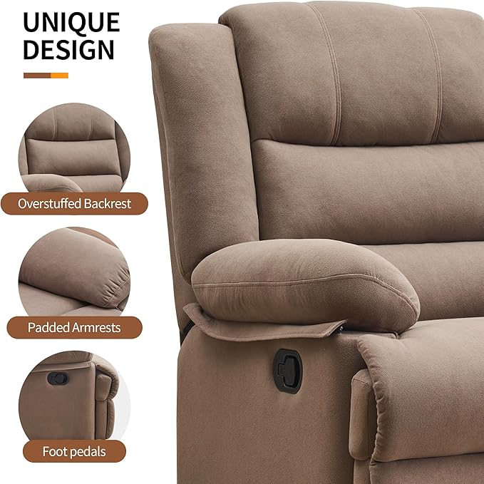 Swivel Rocking Recliner Chair for Adults, Overstuffed Manual Glider Rocker Recliner Chairs, Upholstered Reclining Single Sofa for Living Room Nursery (Mocha)