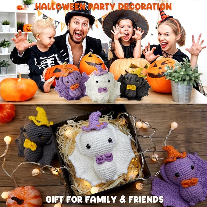MAGIMUSE Crochet Kit for Beginners, Crochet Starter Kits Halloween Amigurumi Knitting Crochet Animals Kits Hooks Yarn Set with Step-by-Step Video Tutorials, 3 Colorful Bats (40%+ Yarn)…