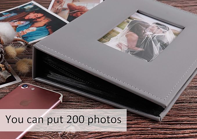 RECUTMS Photo Albums 4x6 Photos 200 Pocket Black Pages Album PU Leather Slip In Photo Picture Small Album For Family Anniversary Wedding Memo Slot Children Holiday Album(Grey)