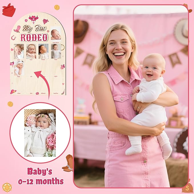 R HORSE My First Year Photo Frame Board, 3D Western Cowgirl Birthday Decorations Display Wood Board, Baby First Year Picture Frame 12 Months Milestone 1st Birthday Nursery Decor Gift for Girl