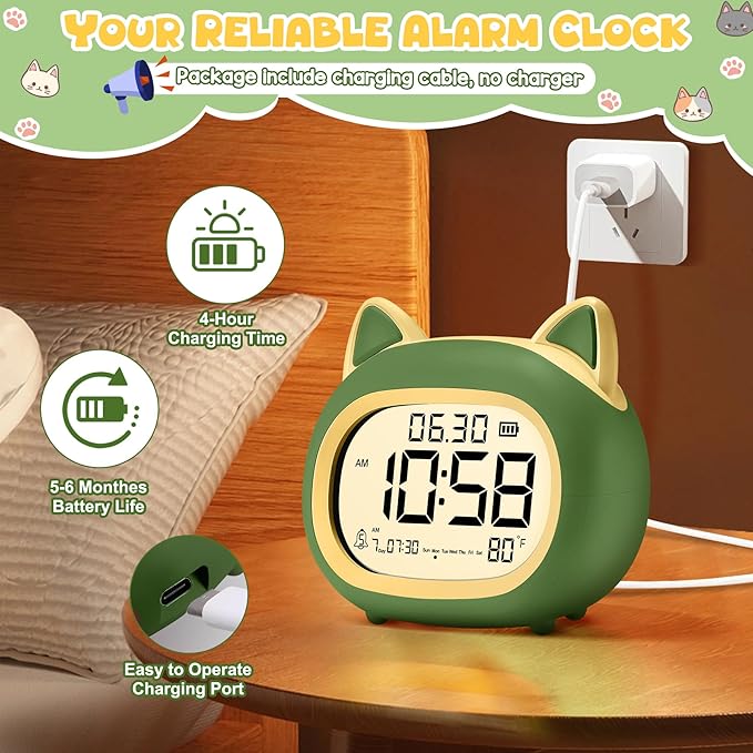 Kids Alarm Clock with Night Light for Kids, Small Digital Alarm Clocks for Bedrooms, Routine Builder, Cute Cat Alarm Clock with Sleep Training, Snooze, 12/24H, Date & Day, Temperature, USB Port