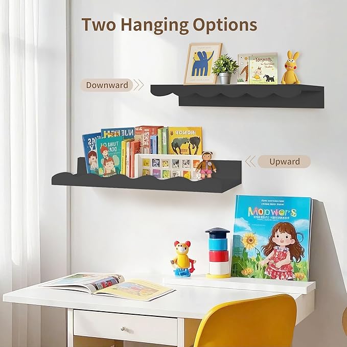 Nursery Book Shelves, 4 Pack Black Floating Shelves for Wall, Wood Scalloped Shelves for Storage Books, Wall Book Shelf for Kids Rooms, Bedroom, Toddler Room, Baby Room, Nursery Decor