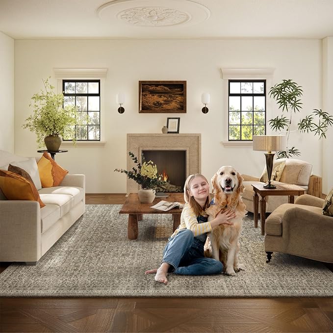 Washable Area Rugs for Living Room: 5x7 Bedroom Area Rug Boho Vintage Rugs Stain Resistant Non Slip Low Pile Soft Lightweight Carpet for Kitchen Dining Room Farmhouse Nursery Kids Room