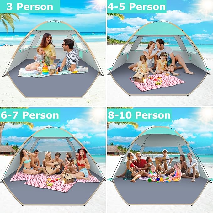 Gorich Beach Tent Sun Shelter for 3/4-5/6-7/8-10 Person with UPF 50+ UV Protection, Lightweight & Easy Setup Beach Shade Canopy, Portable Beach Shade Tent Beach Cabana