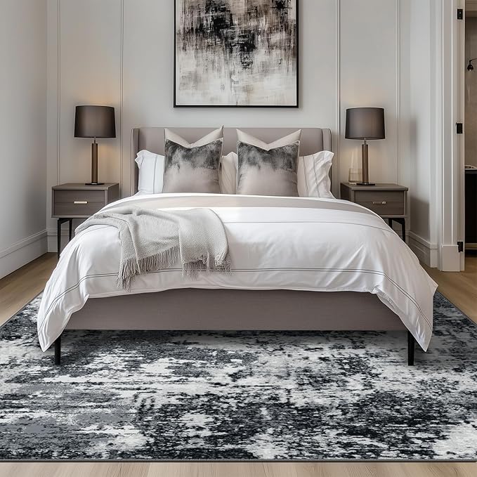 Washable Area Rugs 5'x7' Non-Slip Modern Abstract Soft for Living Room Entryway Bedroom Nursery, Print Pattern, Black Gray