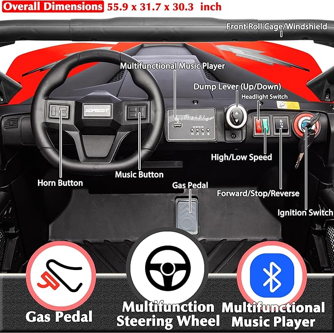 sopbost 24V 10Ah Ride On Toys for Big Kids to Drive 2 Seater Ride On Car with Remote Control Battery Powered Side by Side UTV with Large Dump Bed, 4x75W Motors, Red & Black