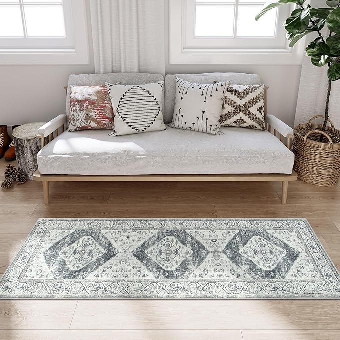 Lahome Boho Small Rug - 2x5 Non-Slip Washable Laundry Room Rug, Lightweight Hallway Rugs Indoor, Oriental Distressed Print Carpet Runners for Bedroom Kitchen Bathroom