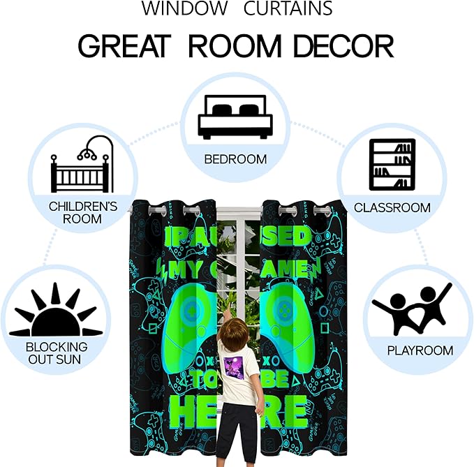 Gaming Gamepad Blackout Curtains - 2Pcs Game Windows Curtain Panels for Teens Boys Bedroom Green Gaming Console Curtains for Boys Kids Room Decor Grommet Top Thermal Insulated, 82 in x 84 in