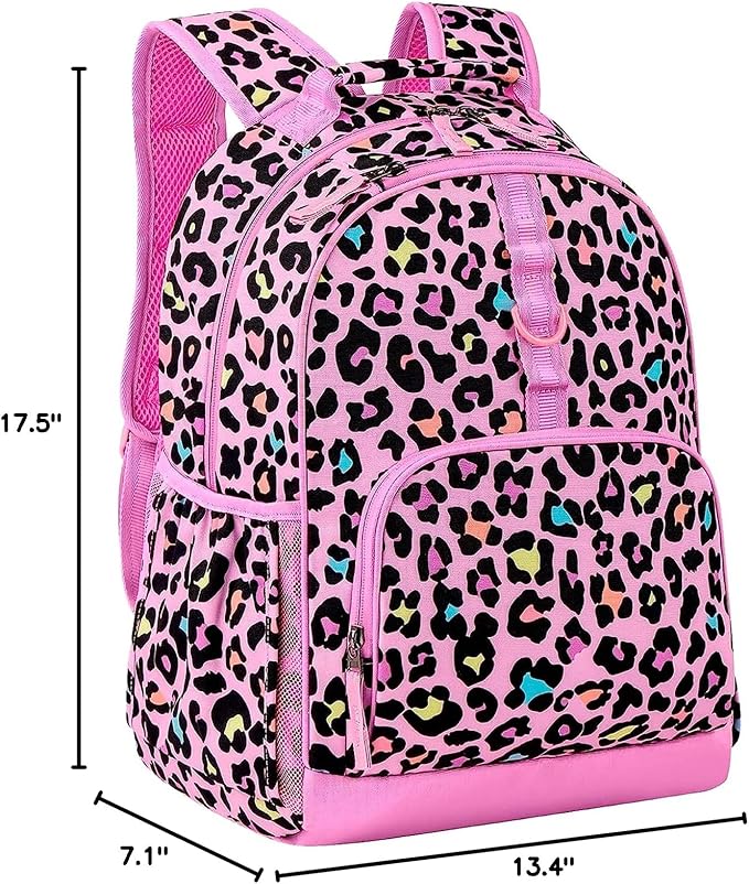 Choco Mocha Cheetah Backpack for Girls, Elementary School Backpack for Girls Ages 6-8 Kids Kindergarten Backpack Bookbag 17 Inch with Chest Strap, Pink