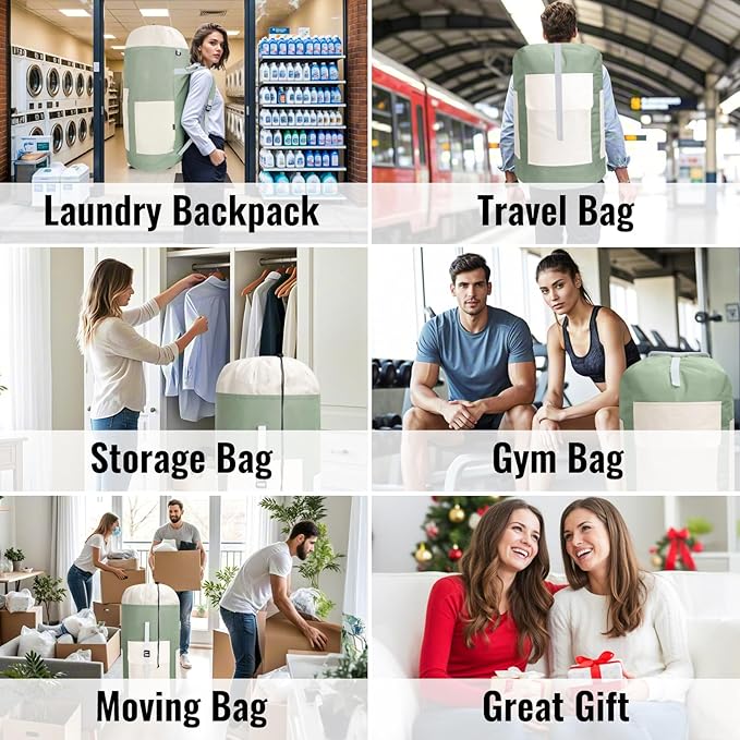 Laundry Bag Backpack, 125L Extra Large Travel with Shoulder Straps, Adjustable & Extendable Design, Laundry Hamper Bag with 3 Pockets for Laundromat, College, Travel, Camping (Green)