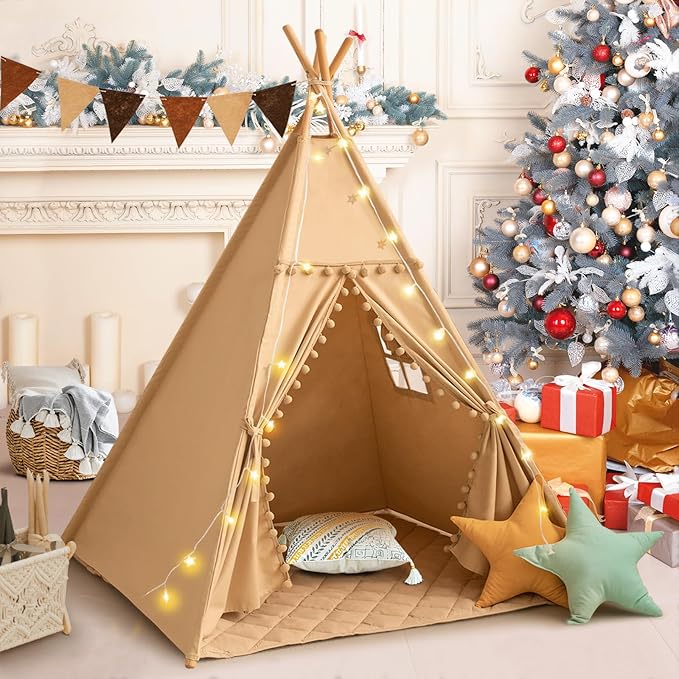 Teepee Tent for Kids with Mat, Cotton Canvas Kids Teepee with Pompom for Toddlers Indoor Play Tent for Girls Boys with Stars Lights, Carry Bag, Banner Flag (Khaki)