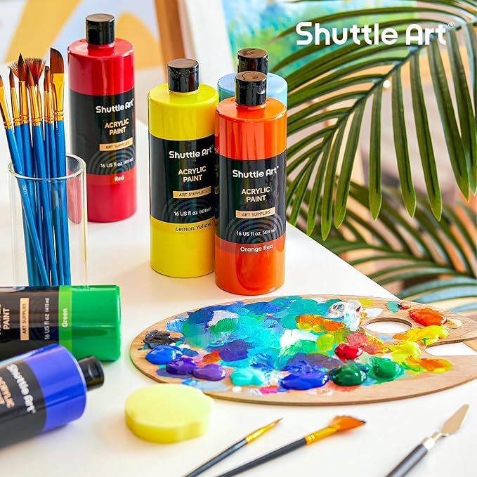 Shuttle Art Acrylic Paint, 15 Pack Acrylic Paint Large Bottle Set, 473ml/16oz Each, 14 Unique Colors and 1 More White, High Viscosity Art Paint for Artists, Beginner & Kids on Rocks Canvas WoodCeramic