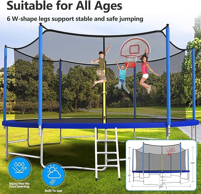 Upgraded 16FT 15FT 14FT 12FT 10FT 8FT Trampoline Outdoor with Basketball Hoop and Net, Capacity for 4-6 Kids and Adults
