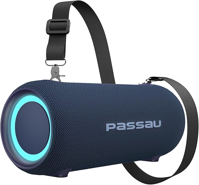Passau Portable Bluetooth Speakers 40W Peak Loud Stereo Sound, Passive Radiators-Deep Bass, All Day Playtime, Adjustable Strap, BT5.3, IPX5 Wireless Speaker RGB Lights for Indoor Outdoor-Blue